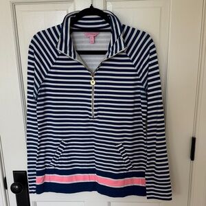 Lilly Pulitzer Navy and White Striped Half-Zip Pullover with Pink Accent